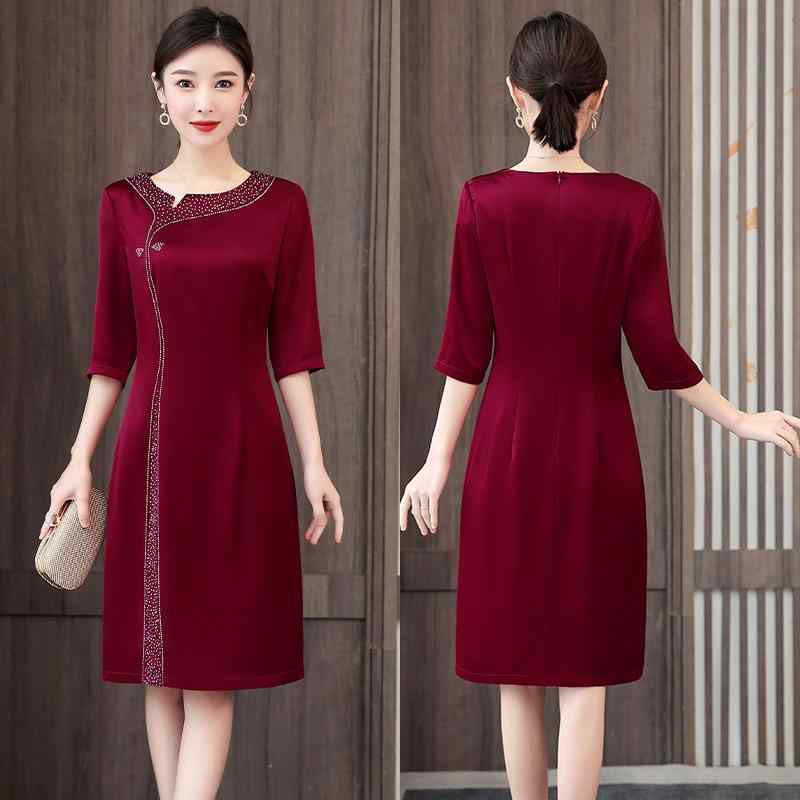 ワンピース レディース ママ Aライン 結婚式 パーティードレス 膝丈 レッド フォーマル ポリエステル 5分袖 ミディアム丈 エレガント お呼ばれ 赤色