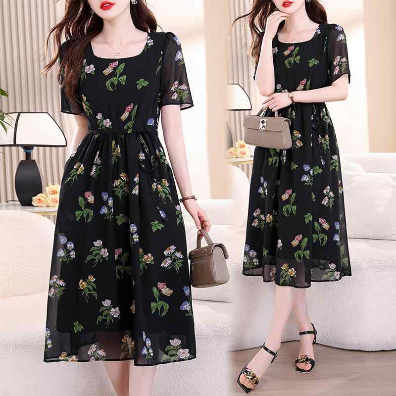 ワンピース レディース 花柄 シフォン 半袖 Aライン ひざ丈 高見え ゆったり 痩せ見え ブラック 大きいサイズ ラウンドネック 着痩せ 通勤 普段使い エレガント