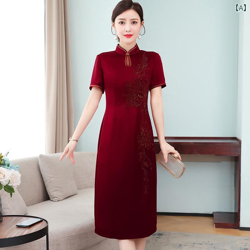 ワンピース レディース ママ 母親 結婚式 パーティー チャイナドレス Aライン 半袖 膝下 ロング ポリエステル エレガント 上品 きれいめ フェミニン M L XL 2XL 3XL 4XL 5XL