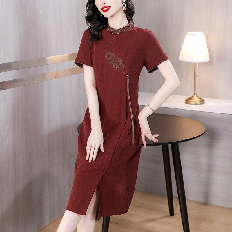 ワンピース レディース ママ Aライン 半袖 ミドル丈 ポリエステル エレガント スタイル ラウンドネック 切り替え 普段使い 通勤 接触冷感 ブラック ピンク系 L XL XXL XXXL 4XL