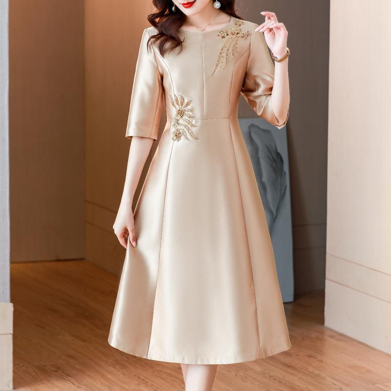 ワンピース レディース ママ フォーマル シャンパン色 パーティードレス 結婚式 披露宴 Aライン 膝丈 五分袖 ポリエステル エレガント 上品