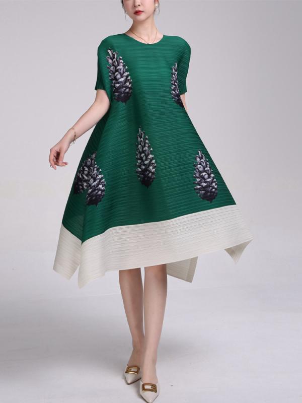 ワンピース レディース ママ Aライン 半袖 膝丈 褶皱 ゆったり 花柄 通勤 象牙白 墨緑 ラベンダー ポリエステル エレガント