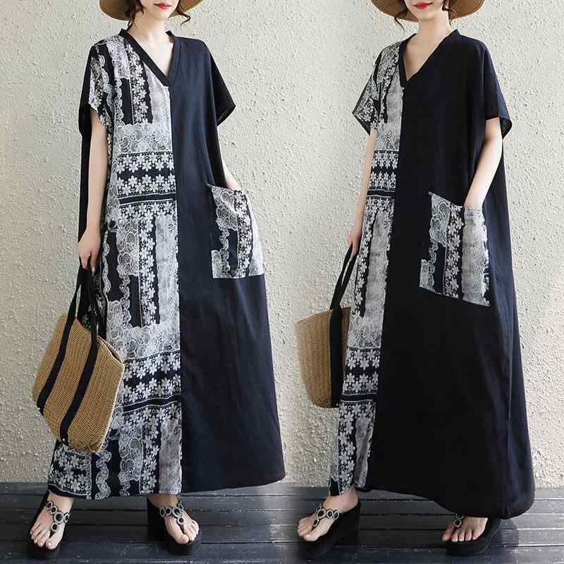 ワンピース レディース 50代 60代 40代 Vネック 半袖 Hライン ゆったり コットン リネン 黒白 切り替え ミモレ丈 ロング丈 普段使い お出かけ(x3)