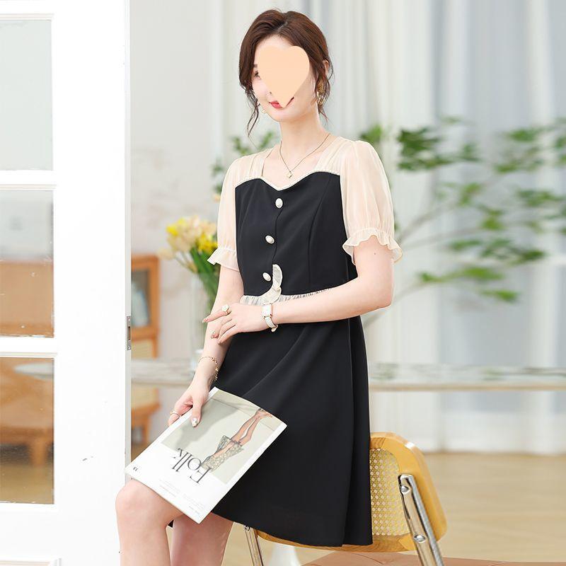 ワンピース レディース ミセス 半袖 ひざ丈 ポリエステル 切り替え ゆったり ブラック 黒 グリーン 緑 L XL 2XL 3XL 普段使い