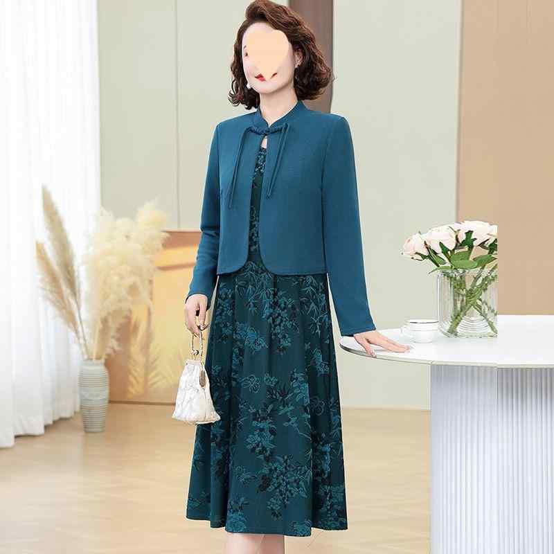 ワンピース レディース ママ ミディアム丈 Aライン ラウンドネック 長袖 ドレス ショール 2点セット ポリエステル エレガント 結婚式 パーティー ブルー レッド