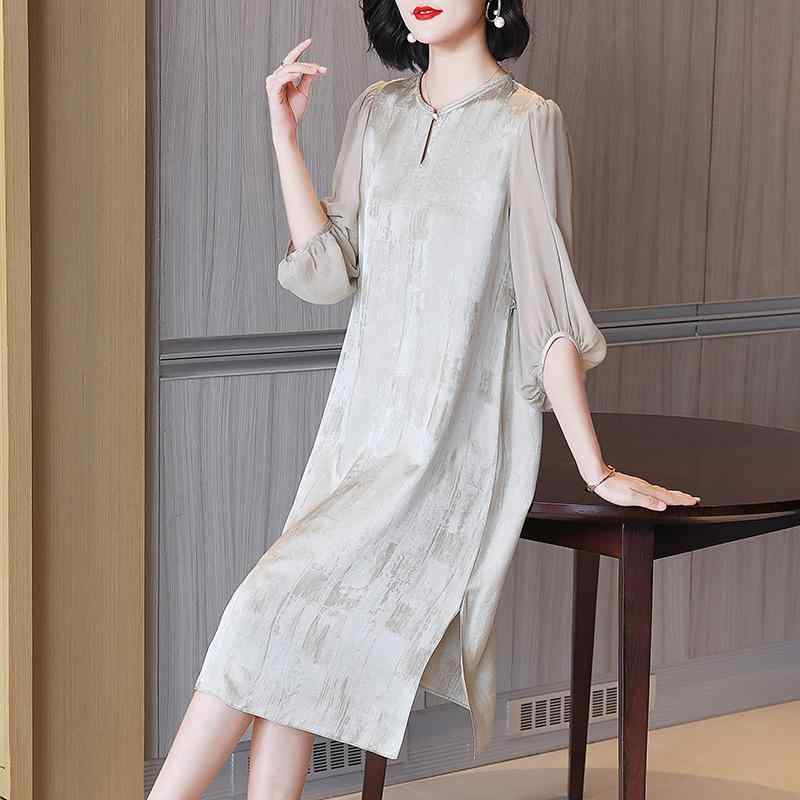 ワンピース レディース ママ 真silk シルク Aライン 七分袖 接触冷感 普段使い ランタンスリーブ 2XL 3XL 4XL ブラック ネイビー ベージュ