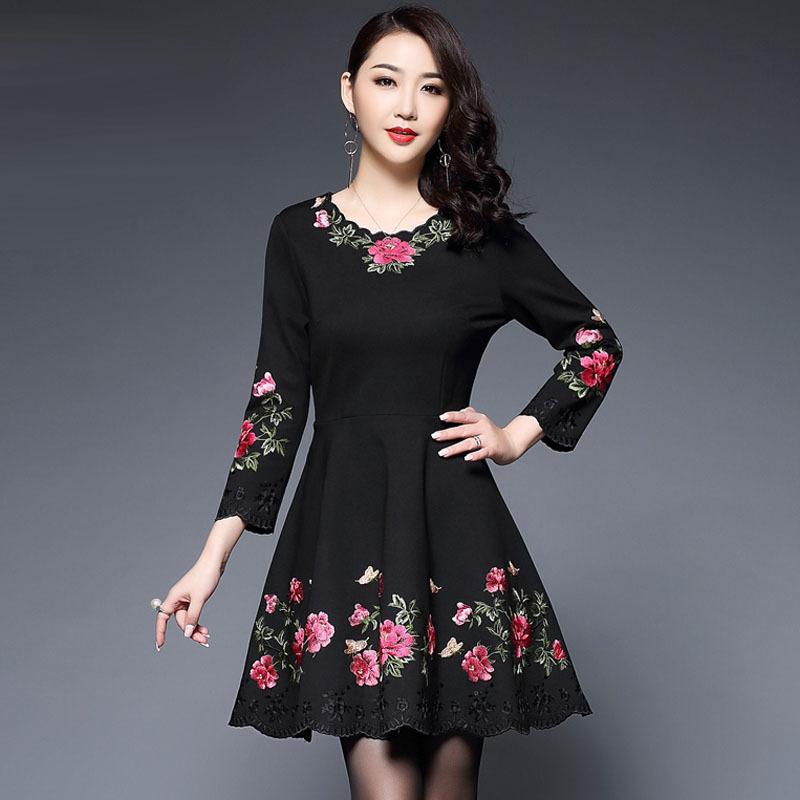 ワンピース レディース 秋冬 ママ ミドル丈 民族風 刺繍 チャイナドレス ゆったり ブラック コットン