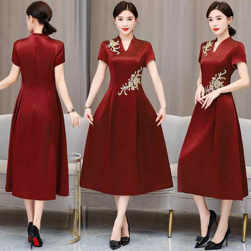 ワンピース レディース ママ 母親 結婚式 披露宴 パーティー ドレス Aライン Vネック 半袖 ミモレ丈 ポリエステル 切り替え 花柄 エレガント 上品 L XL 2XL 3XL 4XL レッド