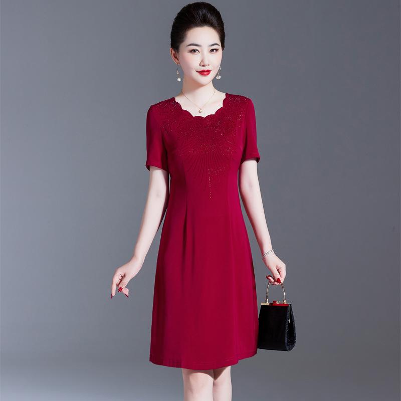 ワンピース レディース ママ フォーマルドレス 結婚式 パーティードレス Aライン 半袖 膝丈 ポリエステル 抽象柄 花柄 レース 襟 伸縮性 体型カバー エレガント ワインレッド 大きいサイズ