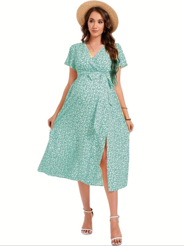 ワンピース レディース マタニティ 授乳服 Vネック 半袖 ゆったり 伸縮性 魚尾スカート ひざ丈 膝丈 かわいい スカイブルー グリーン ピンク系 レッド イエロー