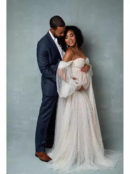 ワンピース レディース マタニティドレス 長袖 チュール 切り替え オフショルダー ロング丈 白 撮影用 パーティードレス 大きいサイズ 妊婦服 産前 産後 ゆったり 淑女