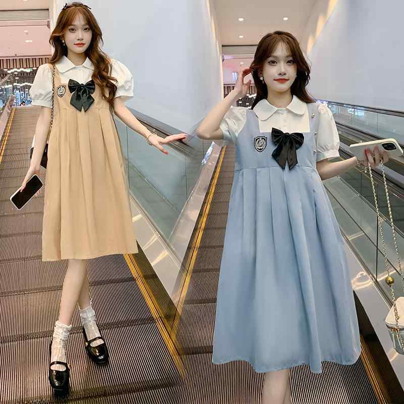 ワンピース レディース マタニティ 接触冷感 妊婦服 ゆったり 長袖 天藍色 卡其色 ロング丈 9分袖 不規則 学院風 部屋着 普段使い