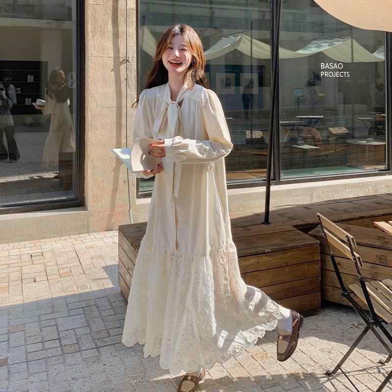 ワンピース レディース ゆったり Aライン 膝下丈 Vネック 長袖 米白色 レース チュニック 妊婦 マタニティ 妊娠 秋 かわいい ガーリー