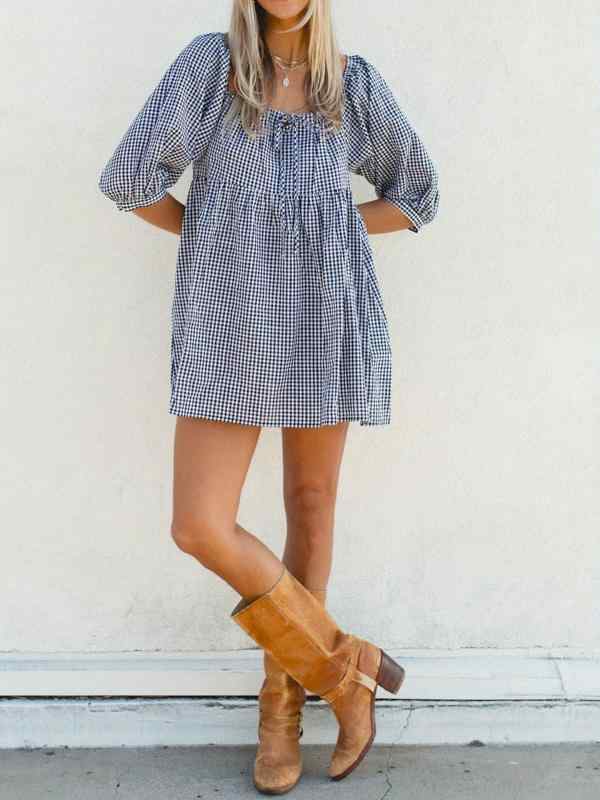 ワンピース レディース マタニティ 授乳服 格子柄 半袖 ゆったり 妊婦服 産前 産後 ブラック かわいい