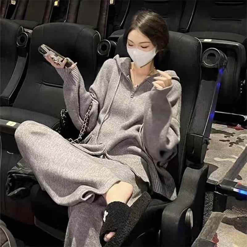 マタニティウェア ニット セットアップ 妊婦服 秋冬 暖かい ゆったり 伸縮性 グレー パンツ