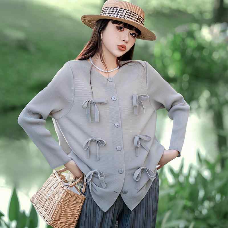 カーディガン レディース ミセス 向け 春夏 秋冬 長袖 ショート丈 ジャケット 中高年 女性 アウター ポリエステル 蝶結び ゆったり ラウンドネック カットソー トップス 羽織り かわいい ピンク系 イエロー系 ブラック グレー