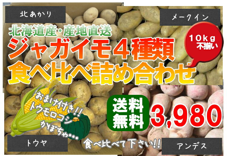 【送料無料】北海道産　産地直送　ジャガイモ4種類食べ比べ詰め合わせセット　おまけ付き　10kg　不揃い　 02P4Jul12【RCPmara1207】