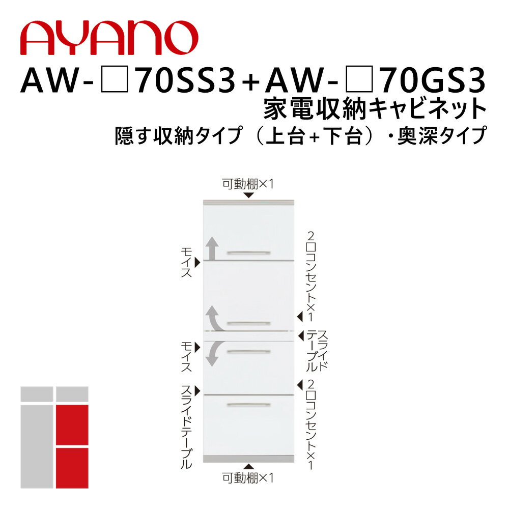 綾野製作所 家電収納キャビネット 隠す収納タイプ（上台+下台） 奥深タイプ 幅70cm 高さ202cm AW-_70SS3+AW-_70GS3 エヴァンティ EVANTII リビング家具【納期約5週間】