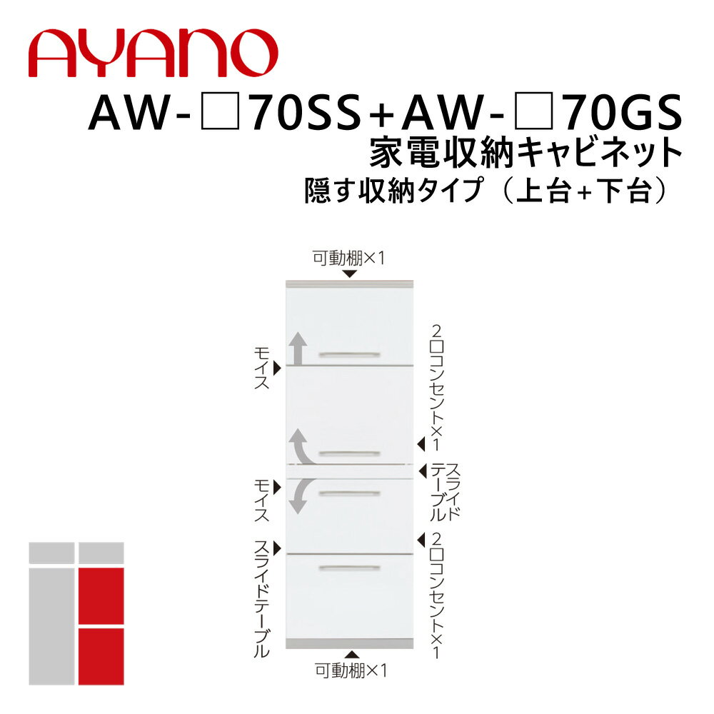 綾野製作所 家電収納キャビネット 隠す収納タイプ（上台+下台） 幅70cm 高さ202cm AW-_70SS+AW-_70GS エヴァンティ EVANTII リビング家具【納期約5週間】