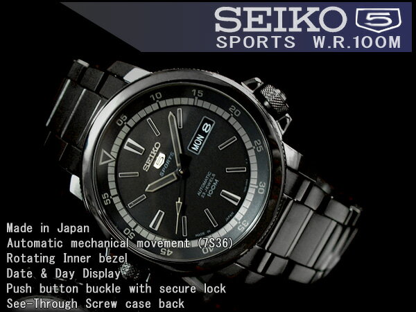 【日本製逆輸入SEIKO5 SPORTS】セイコー5 メンズ 自動巻き 腕時計 オールブラック ステンレスベルト SNZJ67J1