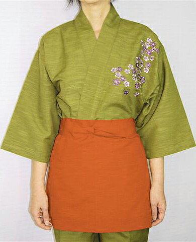 桜刺繍作務衣女性用SサイズMサイズ B-207B（うぐいす）