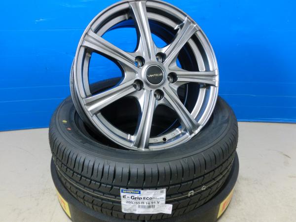 【15日限定!抽選で最大100％Pバック!】アクセラ オーリス ヴォクシー 205/55R16 サマータイヤ ホイール 4本 SET 新品 グッドイヤー E-Grip EG01 + 中古 Vertical 16インチ 6.5J ET47 PCD114.3 205/55/16 205/55-16 アイシス 岡崎