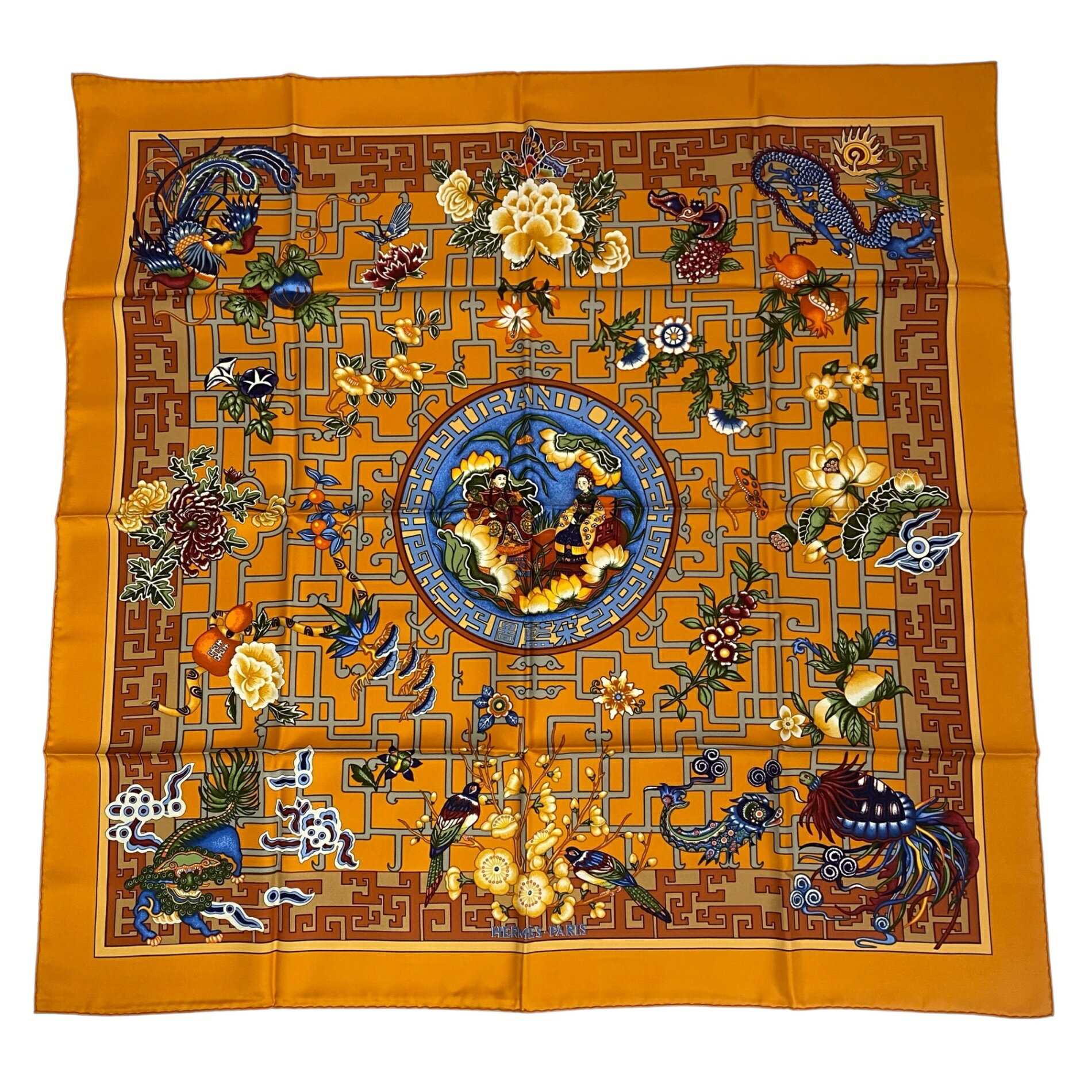 未使用品 HERMES エルメス スカーフ シルク カレ90 2002 トゥーランドット ナツノヒダカ Orange Blue Turandot オレンジ 箱付き
