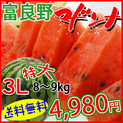 卸値！【送料無料】富良野完熟マドンナ30％OFF！特大3L（約8〜9kg）期間限定販売！【マラソン201207_食品】【RCPmara1207】でんすけすいかを超える12度以上の超高糖度！唸るほどのシャリシャリ感と甘さの究極のスイカ！！秀品のみの取り扱いです。