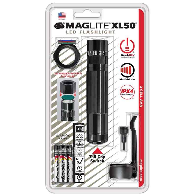 本体色：ブラック【明るさUP明るさ200ルーメン・モデル / タクティカル・クリップ、アンチロール・レンズ・カバー、フィルター同梱モデル】 MAGLITE XL50 LED Flashlight ___ XL50-S301C