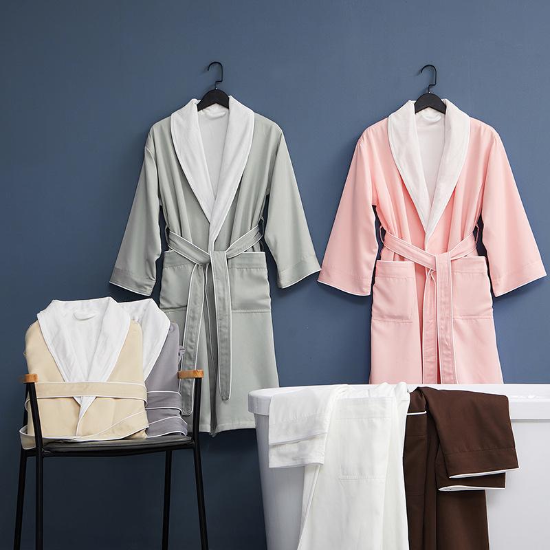 バスローブ レディース メンズ 秋冬 厚手 吸水 速乾 ダブルガーゼ ホテル仕様 綿 ポリエステル 白色 ピンク系 コーヒー色 青灰色 ビジネスグレー シャンパンイエロー 紳士グレー