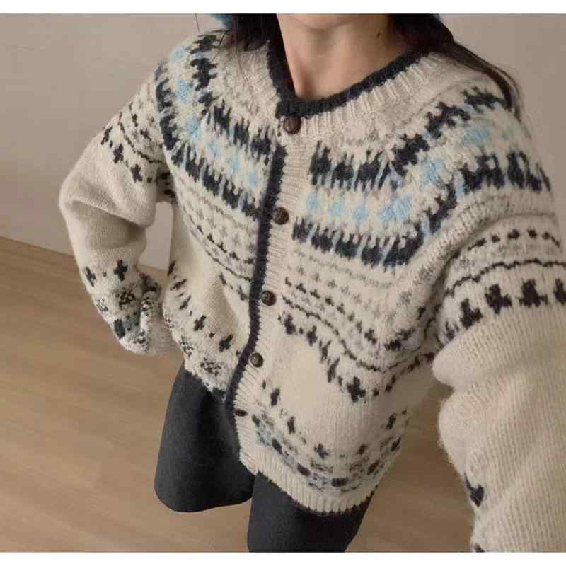 ニットカーディガン レディース 秋冬 レトロ 配色 ジャカード ゆったり 長袖 ニット トップス セーター あったか ふわふわ 暖か 厚手 着回し かわいい おしゃれ デート 通勤