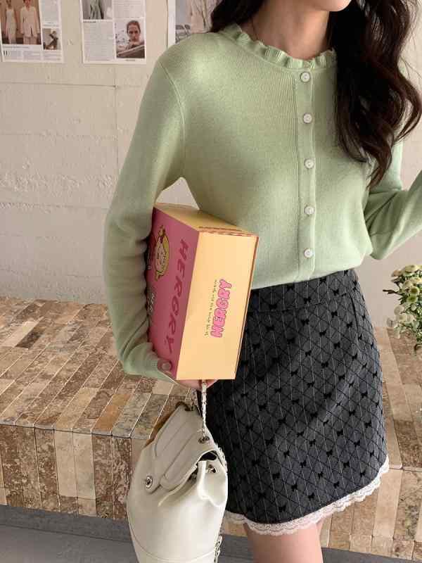 カーディガン レディース ニット 春物 トップス 丸首 無地 長袖 ショート丈 切り替え デザイン 深灰 グリーン ブルー ホワイト 麻白灰