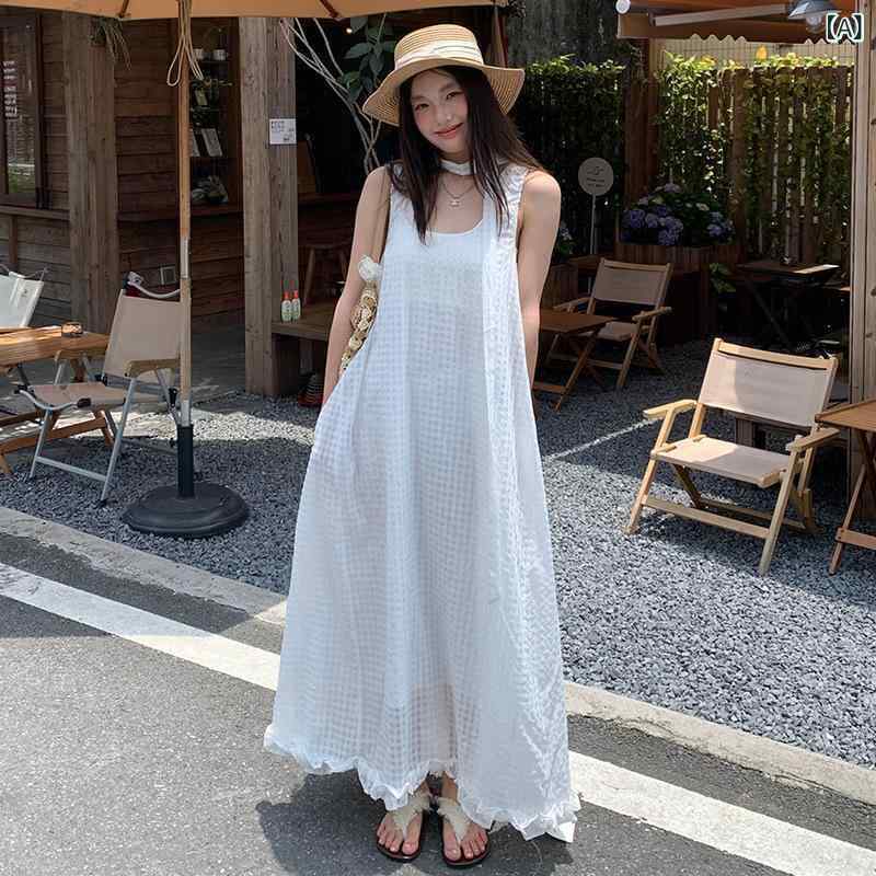 ワンピース レディース 韓国風 ノースリーブ Uネック ロング丈 チュニック Aライン ゆったり かわいい 白 ホワイト 綿 春夏