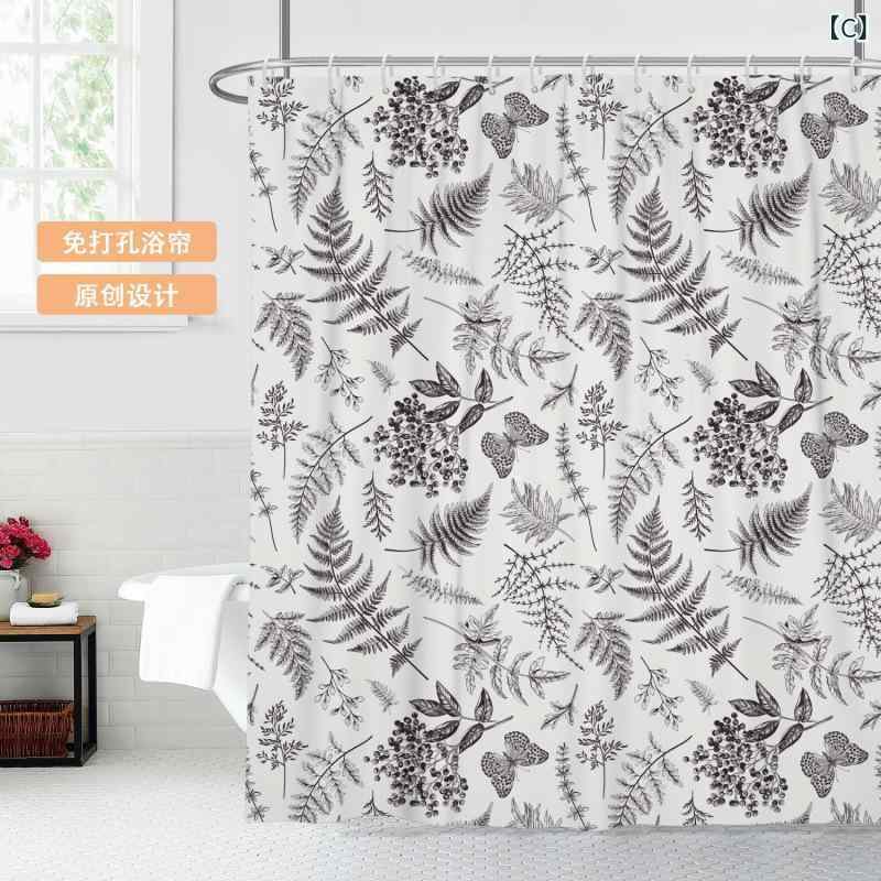カーテン セット 厚手 防水 防カビ バスカーテン 浴室 間仕切り 目隠し のれん ポリエステル製 レトロ 花柄 リーフ柄 白 ホワイト ベージュ グレー グリーン ボタニカル