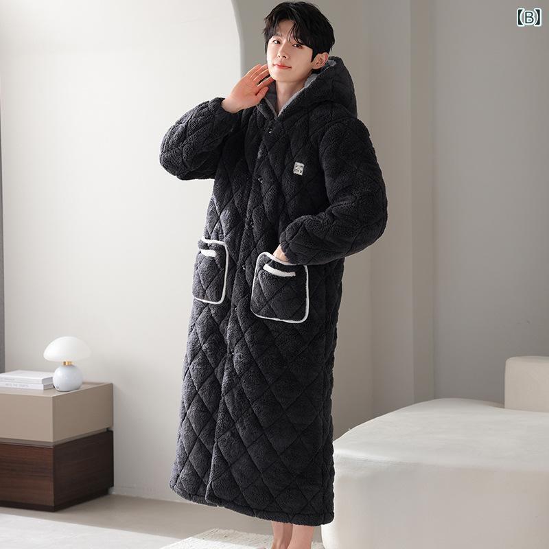 バスローブ メンズ 男性用 フランネル 厚手 三層構造 キルティング 連帽 フード付き 膝丈 保温 暖か ふわふわ 部屋着 リラックス ウェア 冬 超厚手 ポリエステル100%