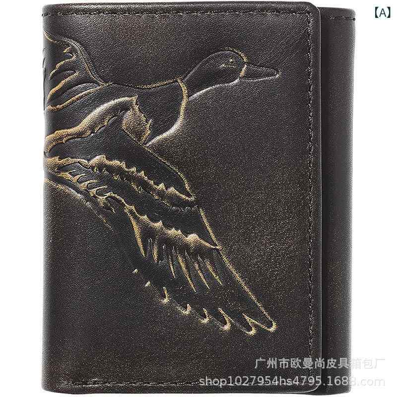財布 男性用 三つ折り財布 フルグレインレザー 本革 鴨柄 黒褐色 多機能 盗難防止 ギフト(x500)