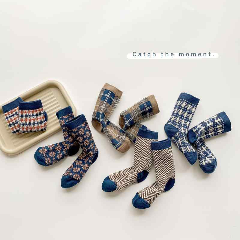 靴下 キッズ 男の子 女の子 子供 秋冬用 ミドル丈 リブ編み コットン 快適 通気性 スポーツ 普段使い 3歳 4歳 5歳 6歳 7歳 8歳 9歳 10歳 11歳 12歳 藏青復古風 5足セット(x5)