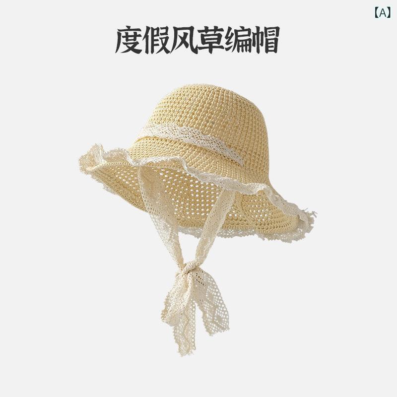 麦わら帽子 レディース 春夏 レース リボン UVカット 紫外線対策 日よけ つば広 ハット かわいい おしゃれ 旅行用 ビーチ 海 アウトドア ベージュ カーキ(x5000)