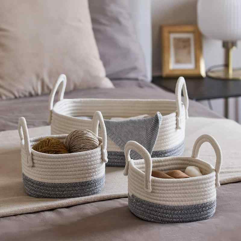 収納かご レディース コットン ロープ バスケット 3個セット 綿製 卓上 小物入れ 乳白 ブラック グレー(x100)