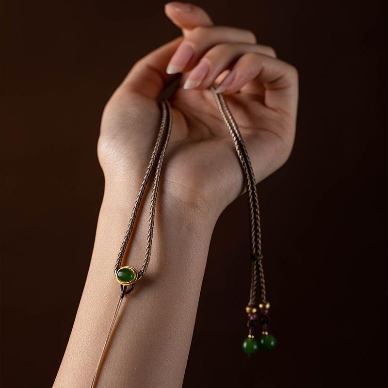 ネックレス メンズ レディース 天然石 碧玉 ペンダント 手編み 調節可能 チョーカー ジェンダーレス エスニック アジアン テイスト ゴールドカラー