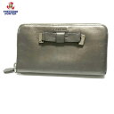【中古】プラダ リボン モチーフ レザー ラウンドファスナー 長財布 グレー シルバー レディース PRADA 【073020】