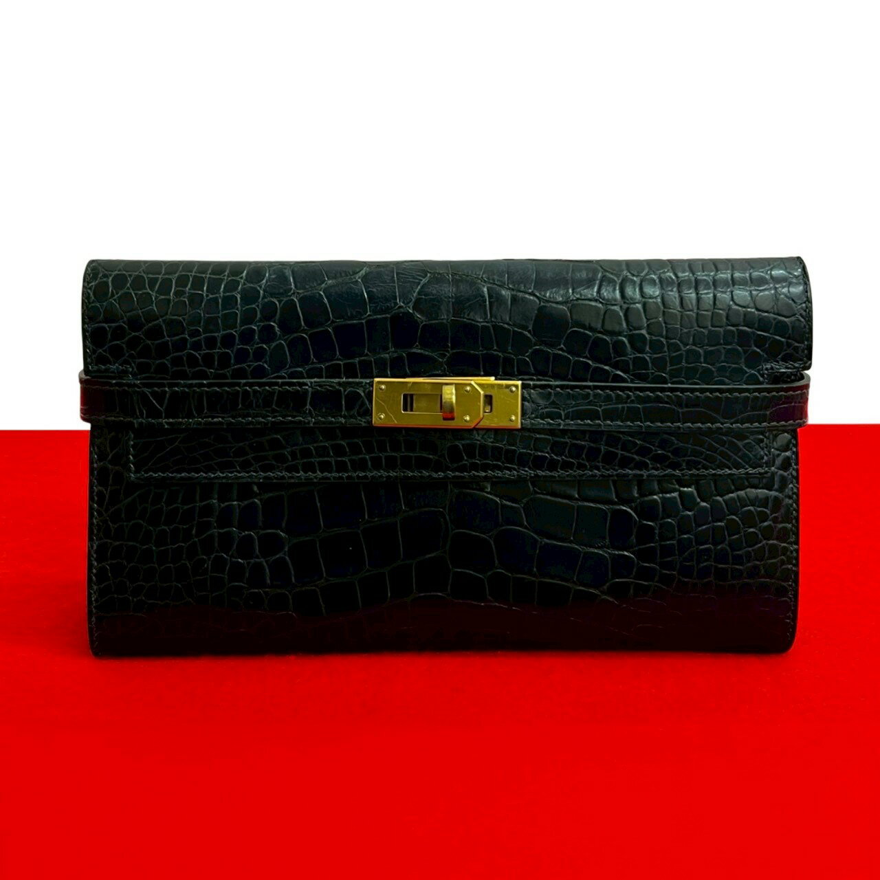 【ポイント2倍】極 美品 希少品 C 刻印 HERMES エルメス ケリーウォレット ロゴ 金具 アリゲーター レザー 本革 長財布 ウォレット ネイビー 39505【送料無料】【中古】