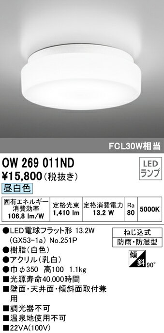 オーデリック 照明器具LEDバスルームライト昼白色 非調光 FCL30W相当OW269011ND...:tss-shop:11120415