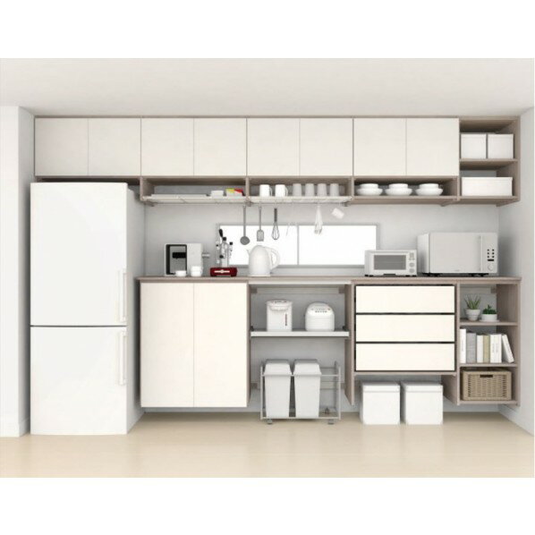 南海プライウッド キッチン開戸収納 シェフモ ハイカウンタープラン 12尺 シェルホワイト AT000040LW 1セット