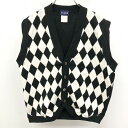 \毎月5と0のつく日はポイントアップデー!! 要エントリー/★☆【中古】BEAMS ビームス - メンズ ニットベスト ノースリーブカーディガン ハーリキンチェック シェルボタン 綿100% ブラック×オフホワイト 黒