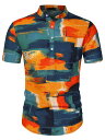 ショッピングワイシャツ Lars Amadeus リネン ヘンリーシャツ カラーブロック半袖 パターン ボタンダウンメンズ イエローオレンジ M