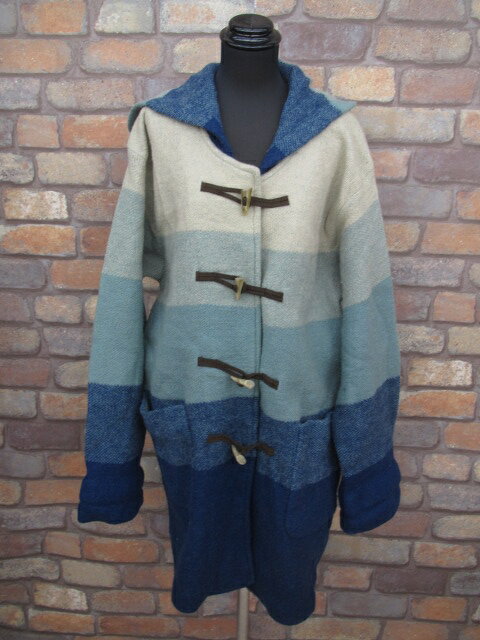 【Pour Quoi/プルクア】 ニット ダッフル ロング コート ボーダー 長袖 フード ウール 青 水色 ベージュ ブルー レディース/C65 レディース 【ベクトル 古着】【中古】 150117