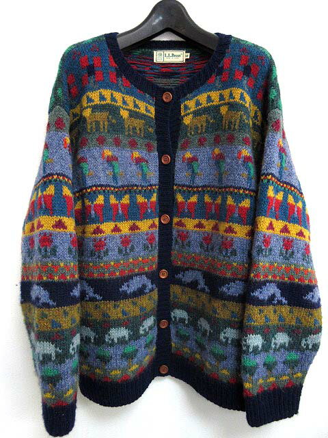 【L.L.BEAN／エルエルビーン】 カーディガン 総柄 ウール ニット M　T レディース 【ベクトル 古着】【中古】 150128