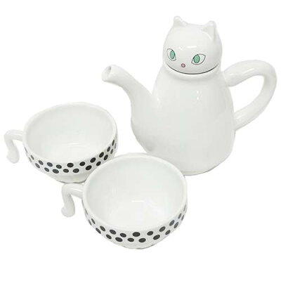 ティーフォーツー/ティーセット◎シンジカトウ《シロネコ》☆愛龍社(ティーポット+ティーカップ×2)キッチン雑貨/通販☆