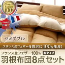 フランス産フェザー羽根布団8点セット 和タイプ セミダブル8...